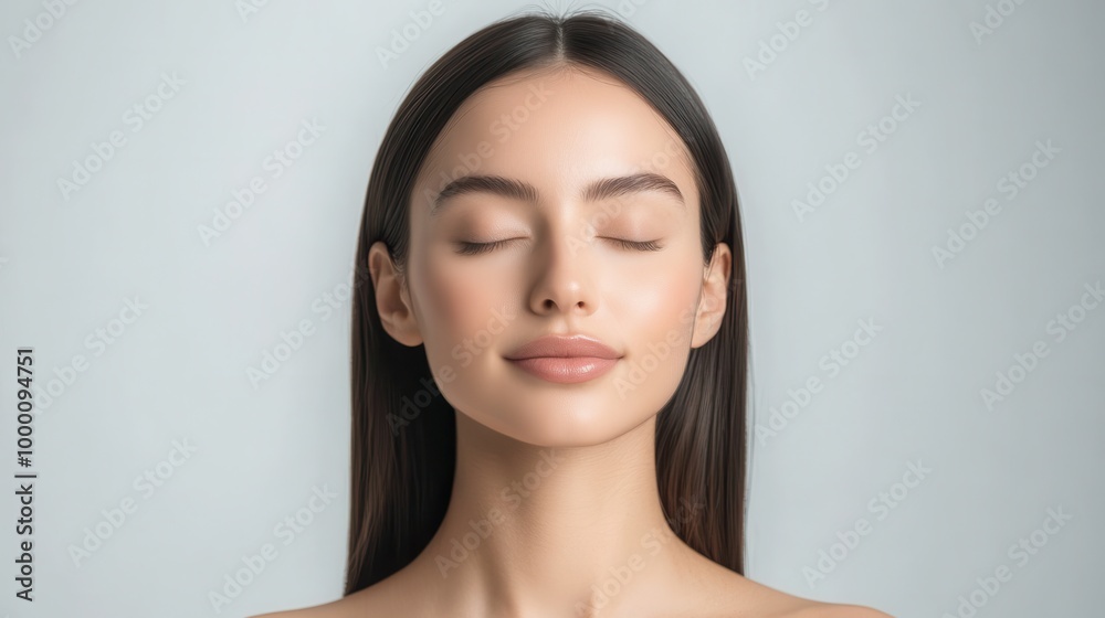 Front view of a graceful woman with straight hair, her flawless skin softly glowing. With closed eyes, she stands against a crisp white background, creating a refined and professional atmosphere.