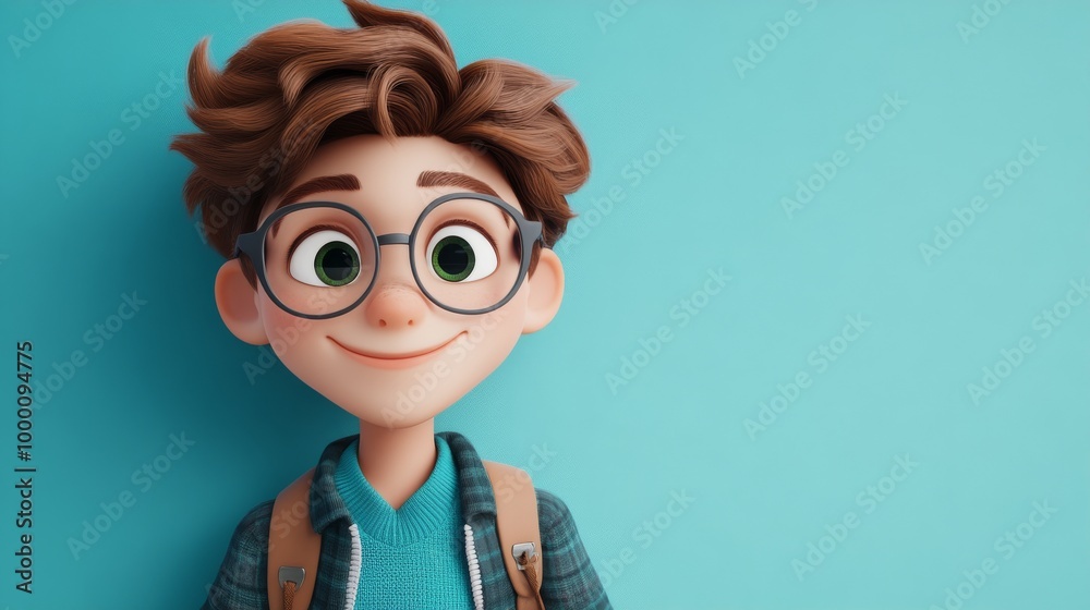 A cartoon boy with glasses and a backpack is smiling at the camera A cartoon boy with glasses and a backpack is smiling at the camera