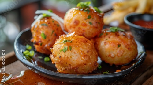 Delicious, golden brown potato balls that can be fried snacks. They are garnished with herbs and topped with perhaps some hot sauce.