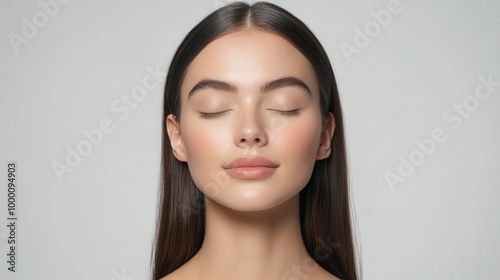 Elegant woman, sleek straight hair, flawless skin, eyes softly closed, white background, delicate side view	