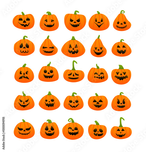 Halloween colorful orange pumpkin faces, jack-o-lantern faces vector set.  Illustration of carved pumpkin faces. Spooky scary halloween faces