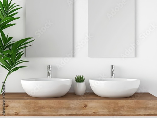 Bathroom with floating double sinks, neutral backsplash, and large mirror, contemporary and spacious