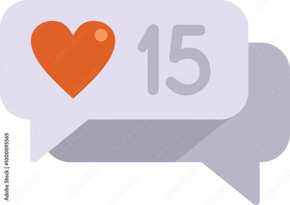 Social media speech bubble showing fifteen likes with heart icon Social media speech bubble showing fifteen likes with heart icon