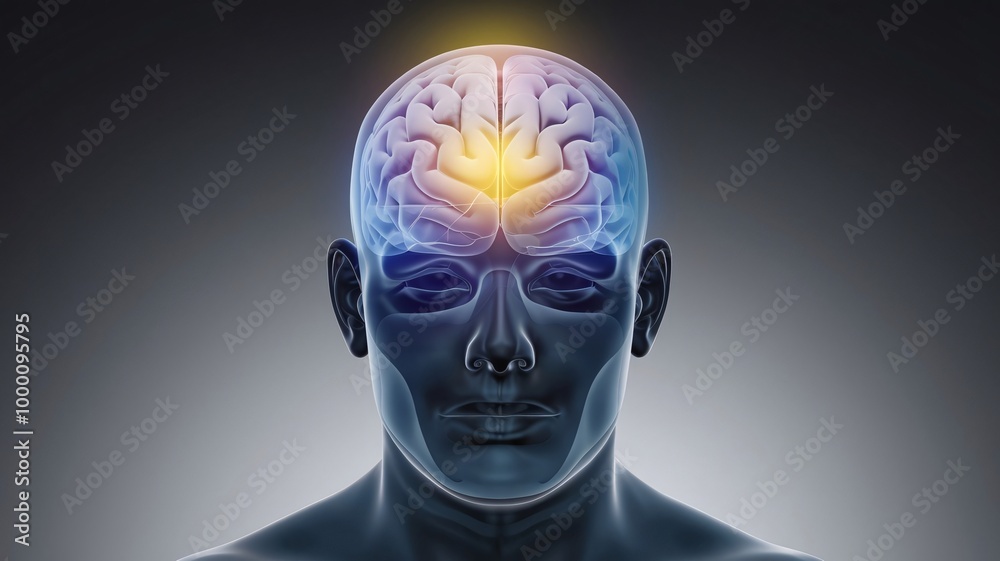 3D Render of a Human Head with a Transparent Skull, Showcasing a Glowing Yellow Brain Highlighting the Frontal Lobe Against a Dark Gray to Black Gradient Background 3D Render of a Human Head with a Transparent Skull, Showcasing a Glowing Yellow Brain Highlighting the Frontal Lobe Against a Dark Gray to Black Gradient Background