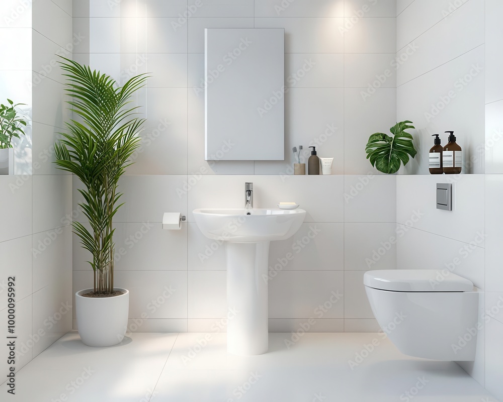 Fototapeta premium Compact bathroom with corner-mounted sink, neutral tiles, and space-efficient design, modern and functional