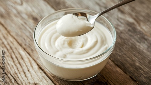 Greek yogurt in glass bowl on wooden table 