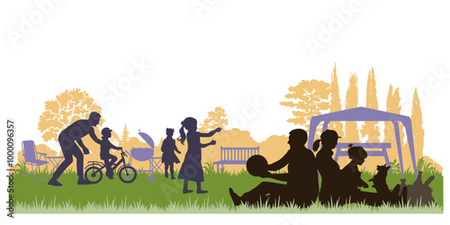 Family silhouettes. Father, mother and children had a picnic in nature. Vector illustration	

