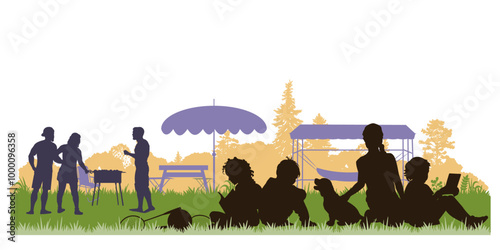 Family silhouettes. Father, mother and children had a picnic in nature. Vector illustration	
