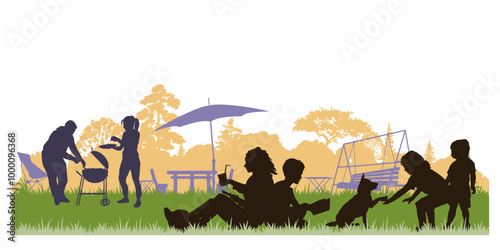 Family silhouettes. Father, mother and children had a picnic in nature. Vector illustration	
