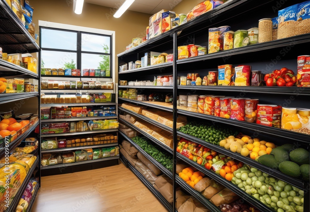 vibrant food bank shelves brimming nutritious options featuring colorful canned packaged meals abundance, appeal, assistance, arranged, care, charity, community vibrant food bank shelves brimming nutritious options featuring colorful canned packaged meals abundance, appeal, assistance, arranged, care, charity, community