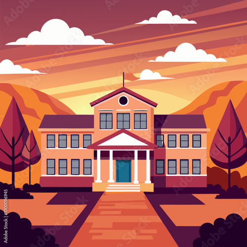 A cartoon vector of back to school illustration of an old European house on a hill, featuring classic architecture and a residential street view