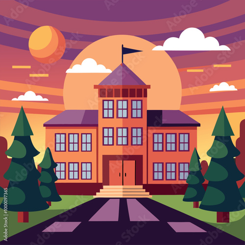 A cartoon vector of back to school illustration of an old European house on a hill, featuring classic architecture and a residential street view