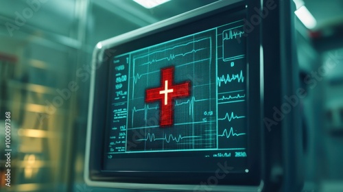 A medical heart monitor showing a cross on its display, blending health care with a Christian faith concept photo