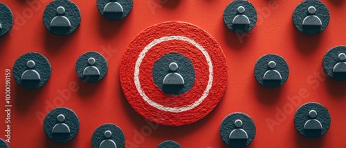 Customer Network Business Focus Gray Target with People Icons on Dark Red Background.