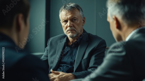 A middle-aged man being questioned by officers in a formal setting, reflecting inquiry and tension photo