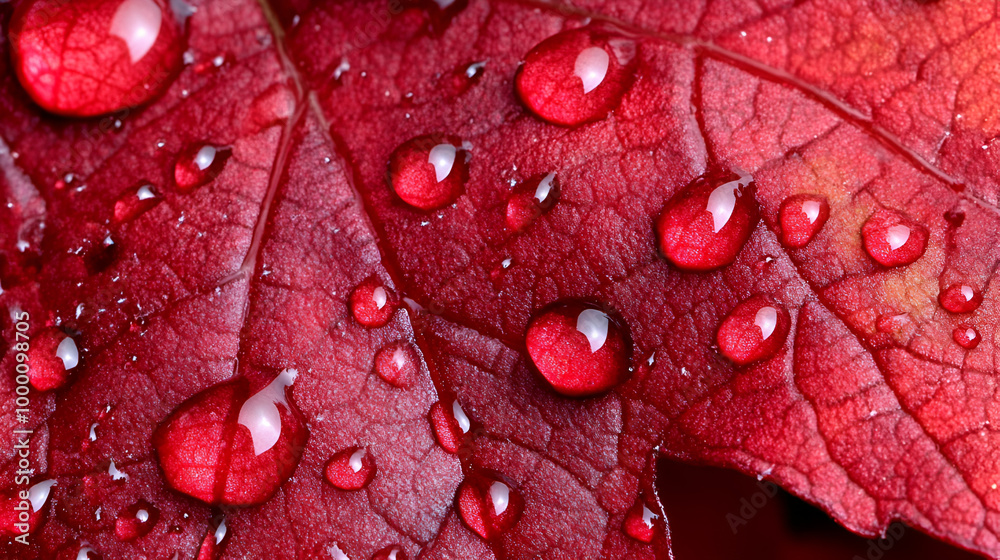 Fototapeta premium Red autumn leaves glistening with raindrops after a fresh rain in a serene outdoor setting