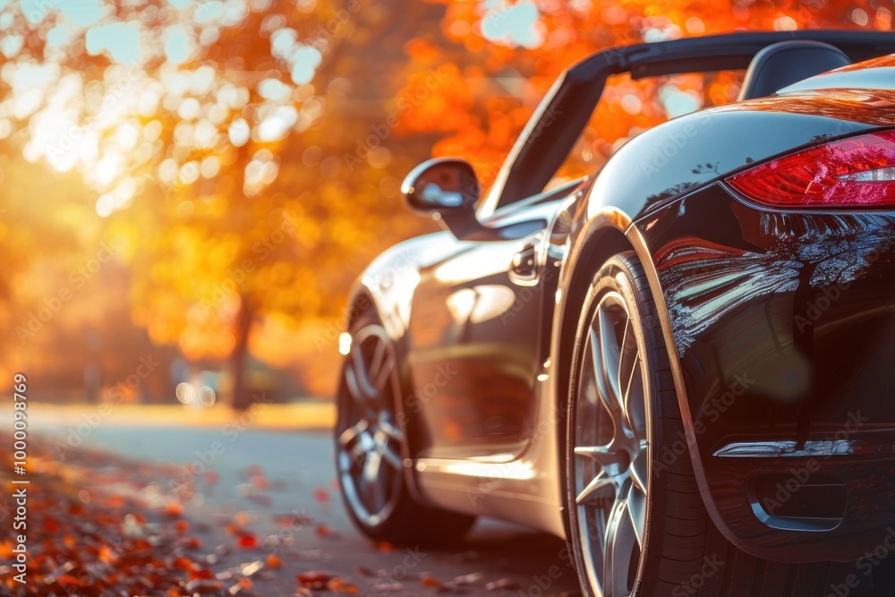 Close-up of a black convertible sports car with autumn trees in the background. Close-up of a black convertible sports car with autumn trees in the background.