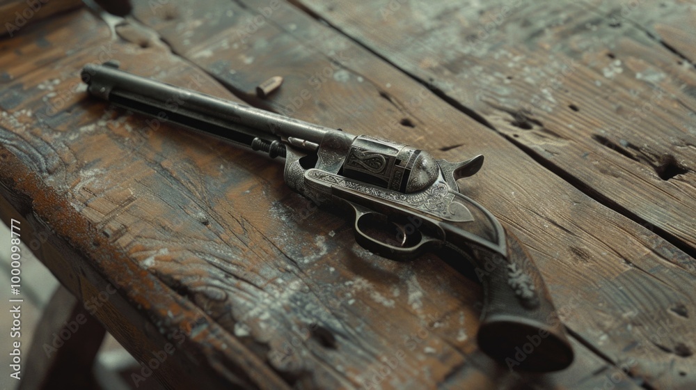 Gun on a wooden table. Rare weapon. AI generative. Gun on a wooden table. Rare weapon. AI generative.