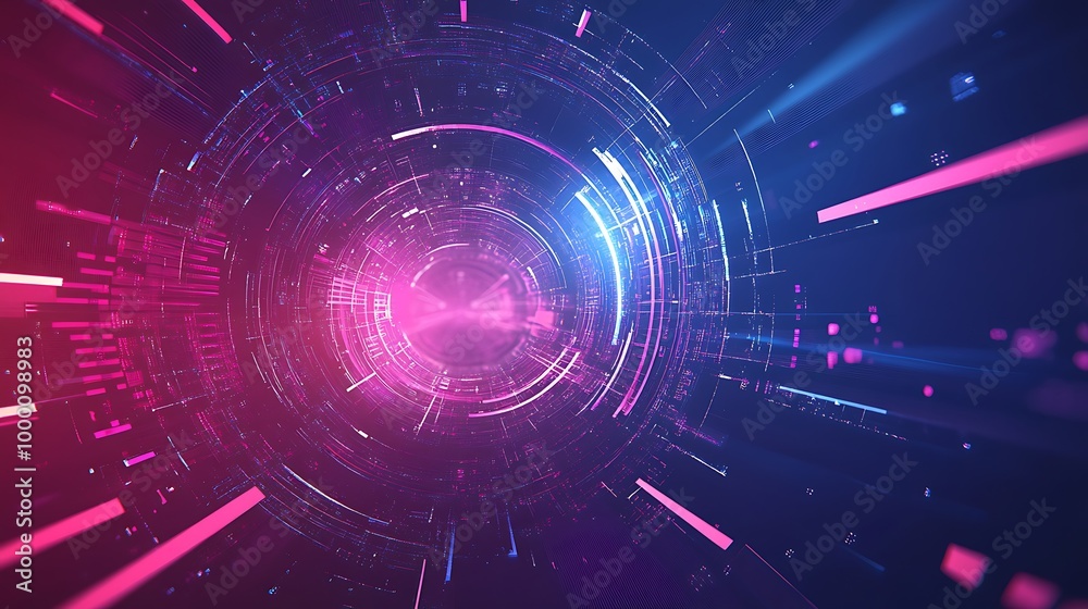 Obraz premium Abstract digital tunnel with pink and blue neon lights.