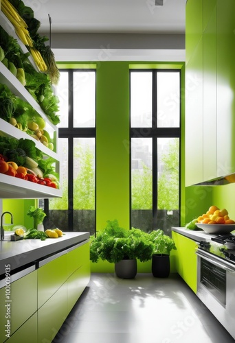 vibrant fresh produce cleaning process showcased sleek modern kitchen bright colors innovative tools, appliances, bags, boards, bowls, citrus, containers photo