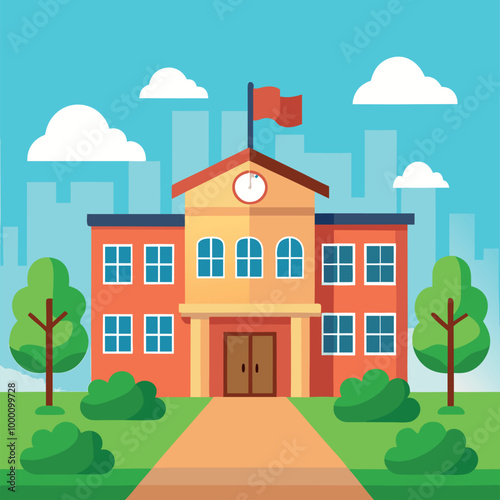 A cartoon vector of back to school illustration of an old European house on a hill, featuring classic architecture and a residential street view