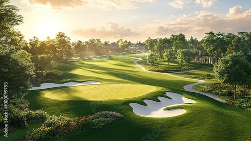 A golf course with a classic design, featuring elevated tees, well-manicured greens, and scenic views of surrounding countryside