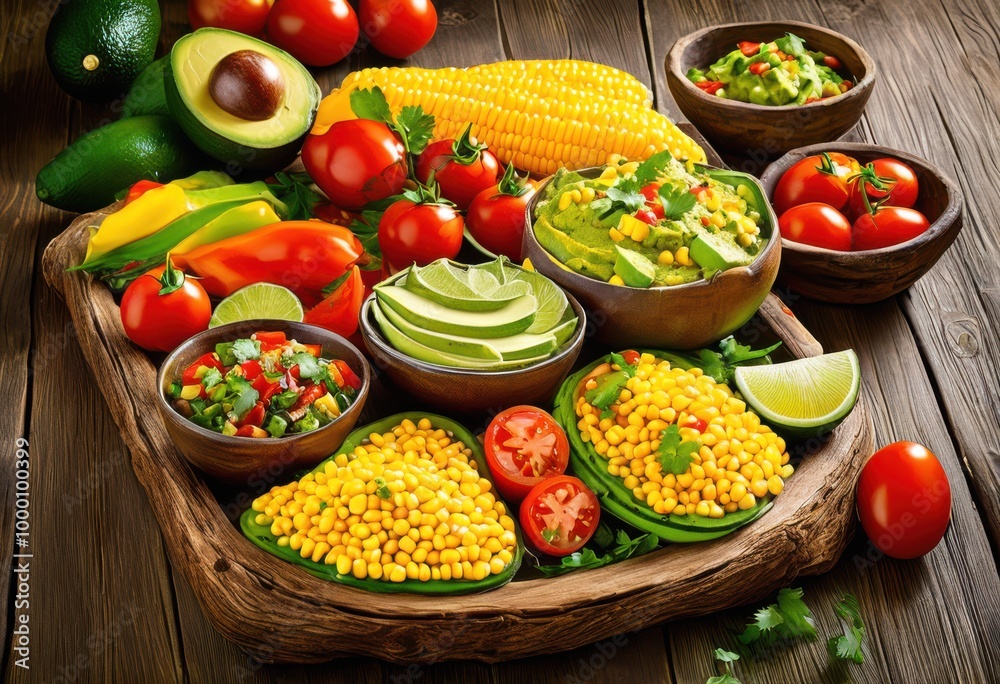 artistic vibrant mexican food platter presentation colorful ingredients exquisite arrangement, tortilla, salsa, avocado, beans, guacamole, rice, peppers