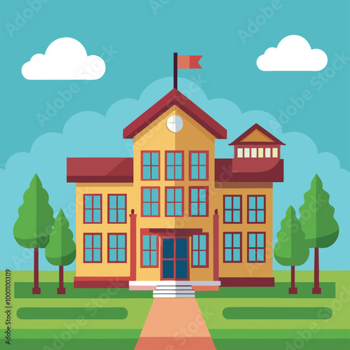 A cartoon vector of back to school illustration of an old European house on a hill, featuring classic architecture and a residential street view