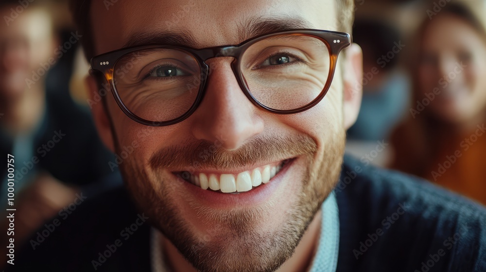 A cheerful team member in glasses smiles brightly at the camera during a meeting, embodying a positive work environment and collaboration A cheerful team member in glasses smiles brightly at the camera during a meeting, embodying a positive work environment and collaboration