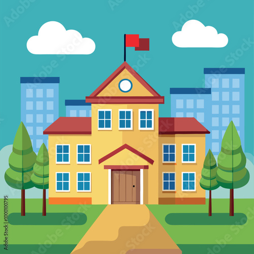 A cartoon vector of back to school illustration of an old European house on a hill, featuring classic architecture and a residential street view
