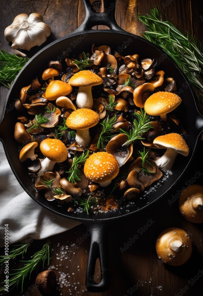 Φωτογραφία vibrant colorful mushrooms sizzling hot skillet fresh herbs seasoning, food, mea