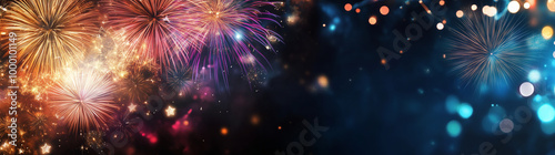 New Year's firework background with colorful fireworks on a black night sky, with space for text and banner design. New Year celebration concept.