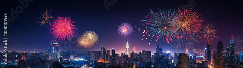 Fireworks display with a festive mood lighting up the night sky with vibrant colors over the city skyline, perfect background for celebration banners with ample text space