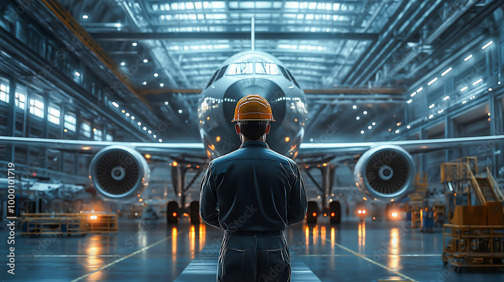 Back view of aircraft engineer in uniform standing in a large manufacturing facility, looking the production and assembly of an aircraft Back view of aircraft engineer in uniform standing in a large manufacturing facility, looking the production and assembly of an aircraft