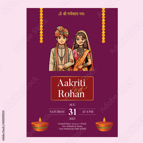 Traditional Royal Wedding Invitation card design with Bride and Groom Welcoming illustration	