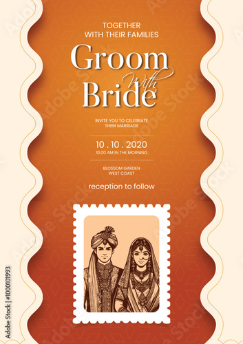 Traditional Royal Wedding Invitation card design with Bride and Groom Welcoming illustration	