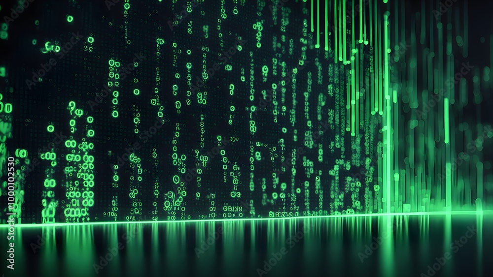 Abstract digital background with green binary code and glowing lines. Abstract digital background with green binary code and glowing lines.