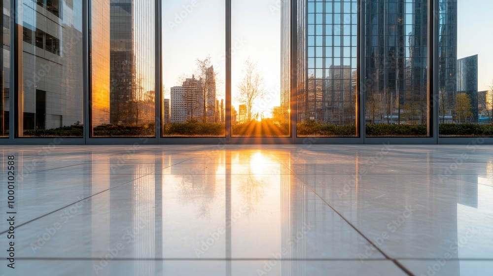Modern office space with sunset view reflecting on polished floor. Modern office space with sunset view reflecting on polished floor.