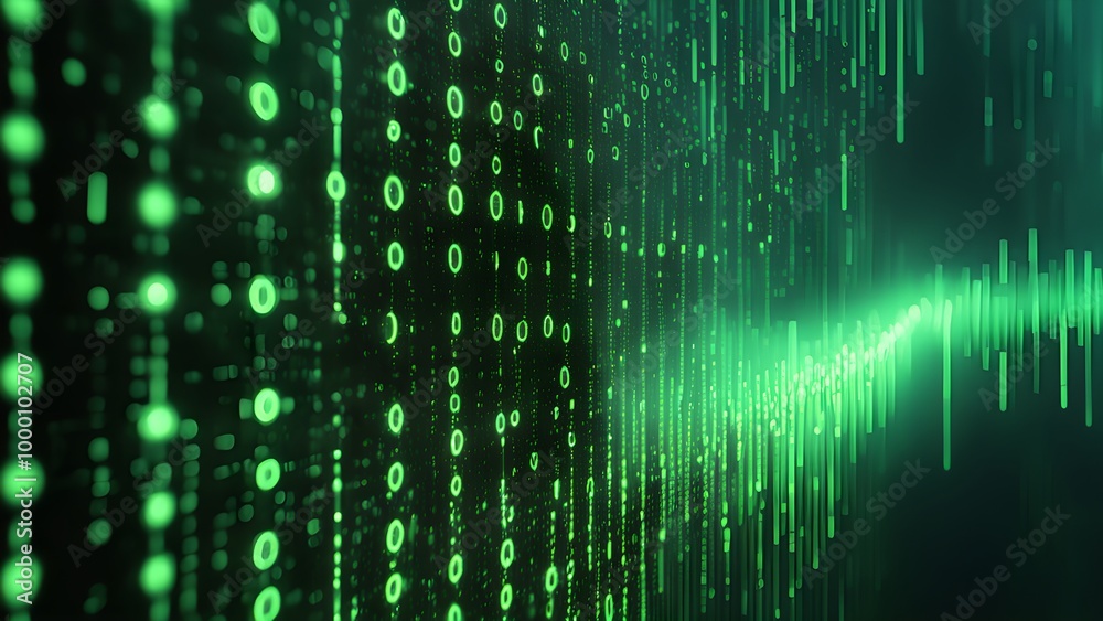 Fototapeta premium Abstract green digital binary code background with a glowing light streak.