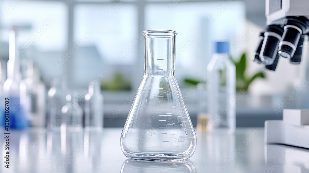 Laboratory glassware with clear liquid on a science desk, bright background. Laboratory glassware with clear liquid on a science desk, bright background.
