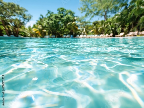 Clear turquoise water  shimmering under sunlight  surrounded by lush green trees.