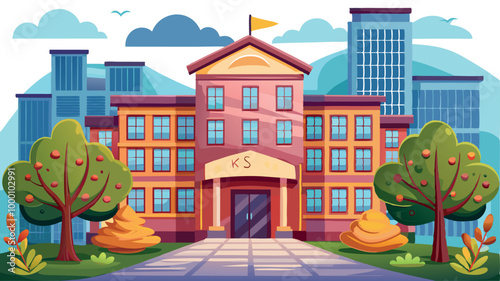 A cartoon vector of back to school illustration of an old European house on a hill, featuring classic architecture and a residential street view