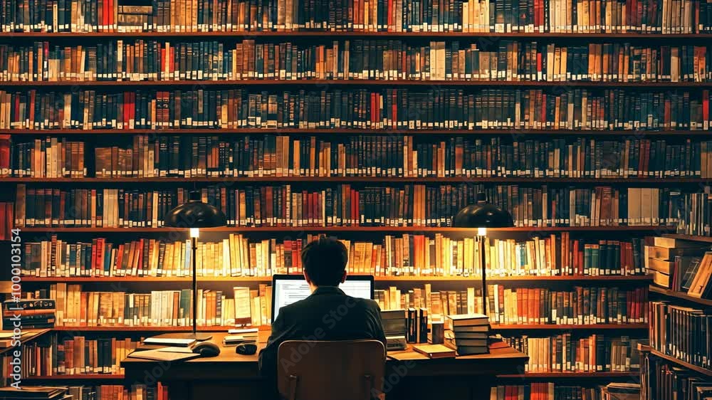 A person sits at a desk in front of a computer, surrounded by bookshelves in a library A person sits at a desk in front of a computer, surrounded by bookshelves in a library