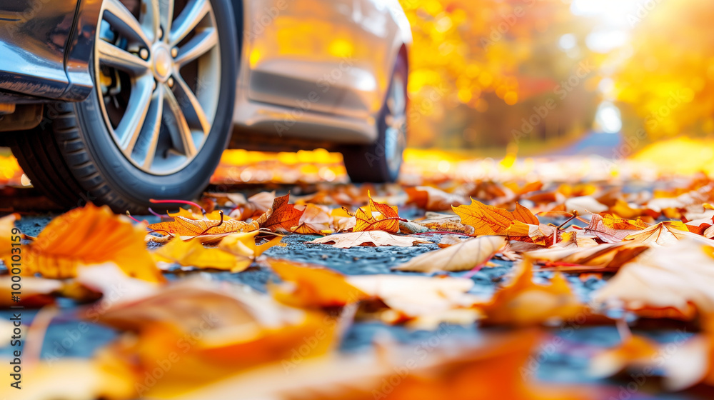Capture the essence of autumn with this vibrant image of a car driving down a wet road, surrounded by fallen leaves. Perfect for showcasing travel, seasonal change, and the beauty of nature in motion. Capture the essence of autumn with this vibrant image of a car driving down a wet road, surrounded by fallen leaves. Perfect for showcasing travel, seasonal change, and the beauty of nature in motion.