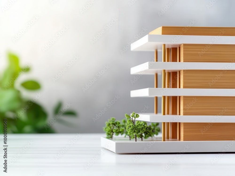 Modern building mass model with wooden facade, gold accents, and white details, elegant architectural concept Modern building mass model with wooden facade, gold accents, and white details, elegant architectural concept