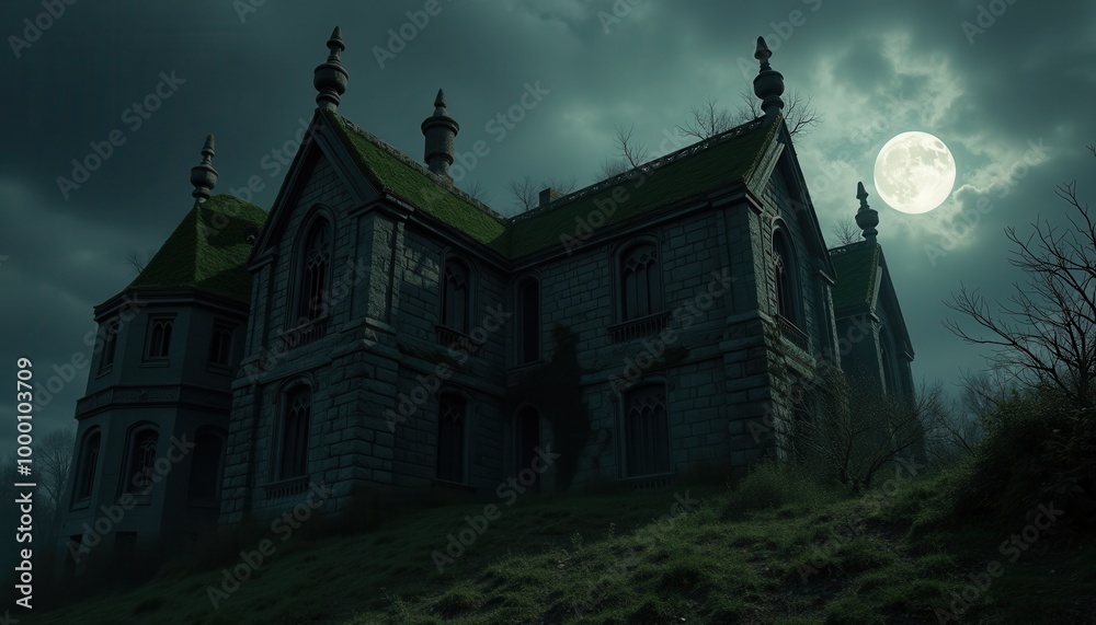 The image is a dark and eerie scene of an old, Gothic-style building with a full moon in the background. The image is a dark and eerie scene of an old, Gothic-style building with a full moon in the background.
