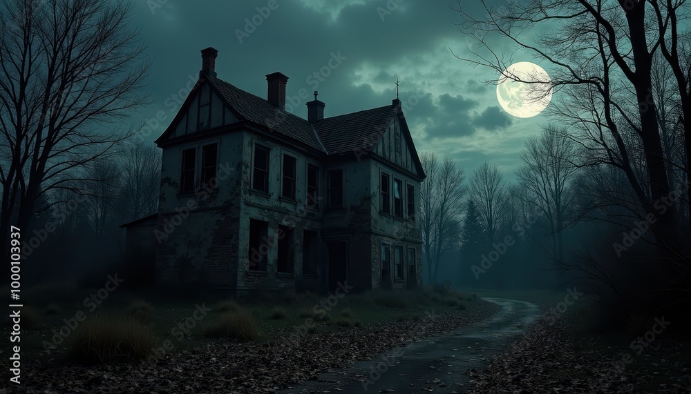 The image is a dark and eerie scene of an old, dilapidated building in the middle of a forest. The image is a dark and eerie scene of an old, dilapidated building in the middle of a forest.
