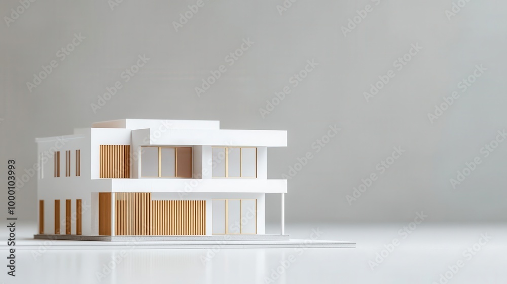 Low-rise mass model with white walls, wooden shading devices, and gold edges, minimalist architecture