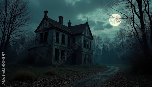 The image is a dark and eerie scene of an old, dilapidated building in the middle of a forest.