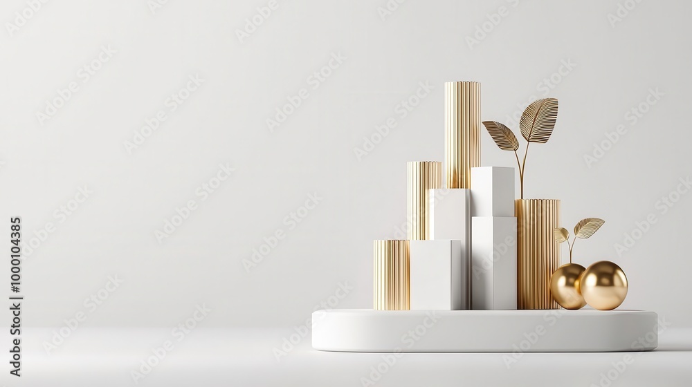 Skyscraper mass model with stacked wooden blocks, gold connectors, and white base, futuristic cityscape concept Skyscraper mass model with stacked wooden blocks, gold connectors, and white base, futuristic cityscape concept